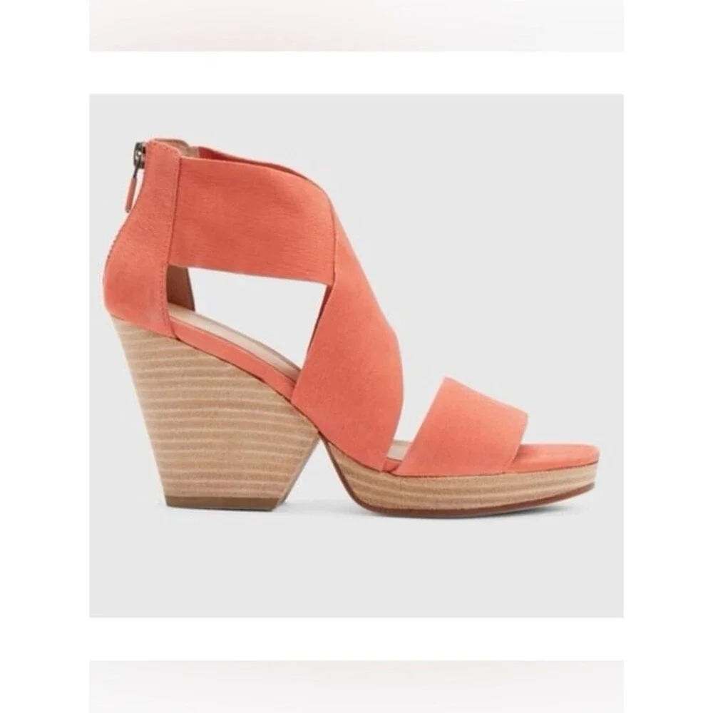 Eileen Fisher Ellis Sandal Coral Suede Wedge Sz 9.5 Coastal Euro Summer Vacation